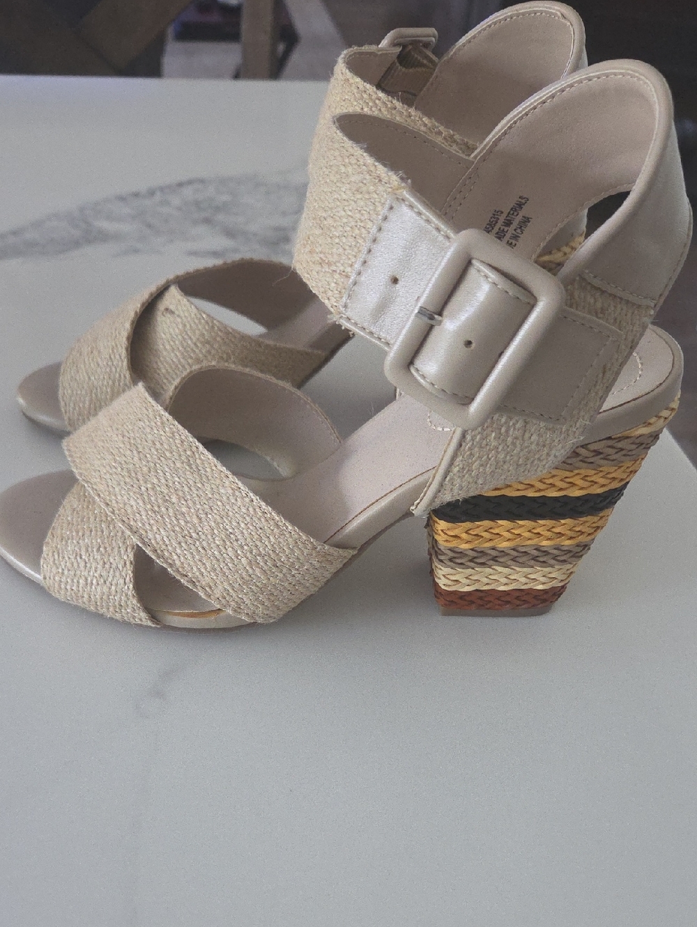 Woven Beige Strappy Block Heel Sandals